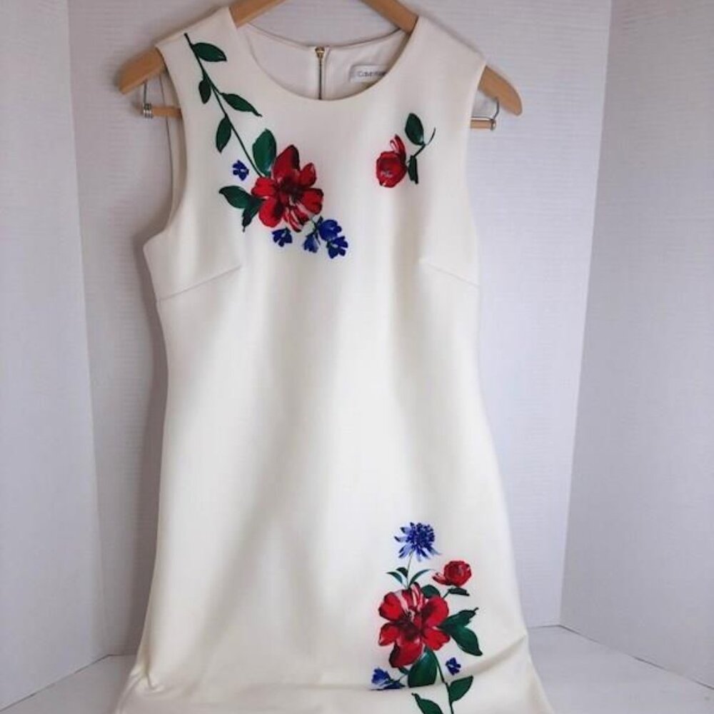 Calvin Klein White Floral Dress with Red & Blue Flowers